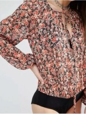 Free People Intimately Floral Printed Bodysuit Blouse Top Size Medium